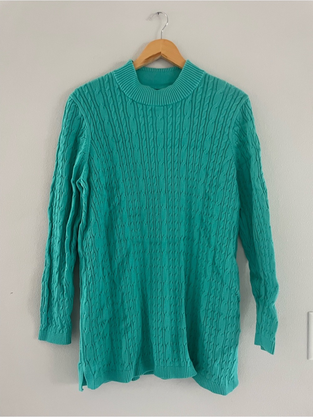 Lands' End Green/Blue Cable-Knit Crewneck Sweater - Picture 1 of 5